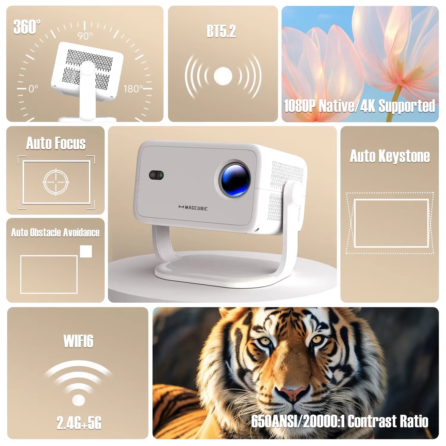 Native 1080P 650ANSI 4K Android 11 L018 360° Projector with Auto Keystone Focus Air Mouse Wifi6 BT5.2 Portable Outdoor